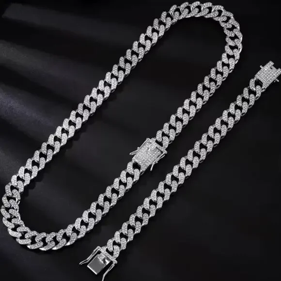 Iced Out Silver Plated Cuban Necklace & Bracelet Set THICK 12mm Miami Bling NEW